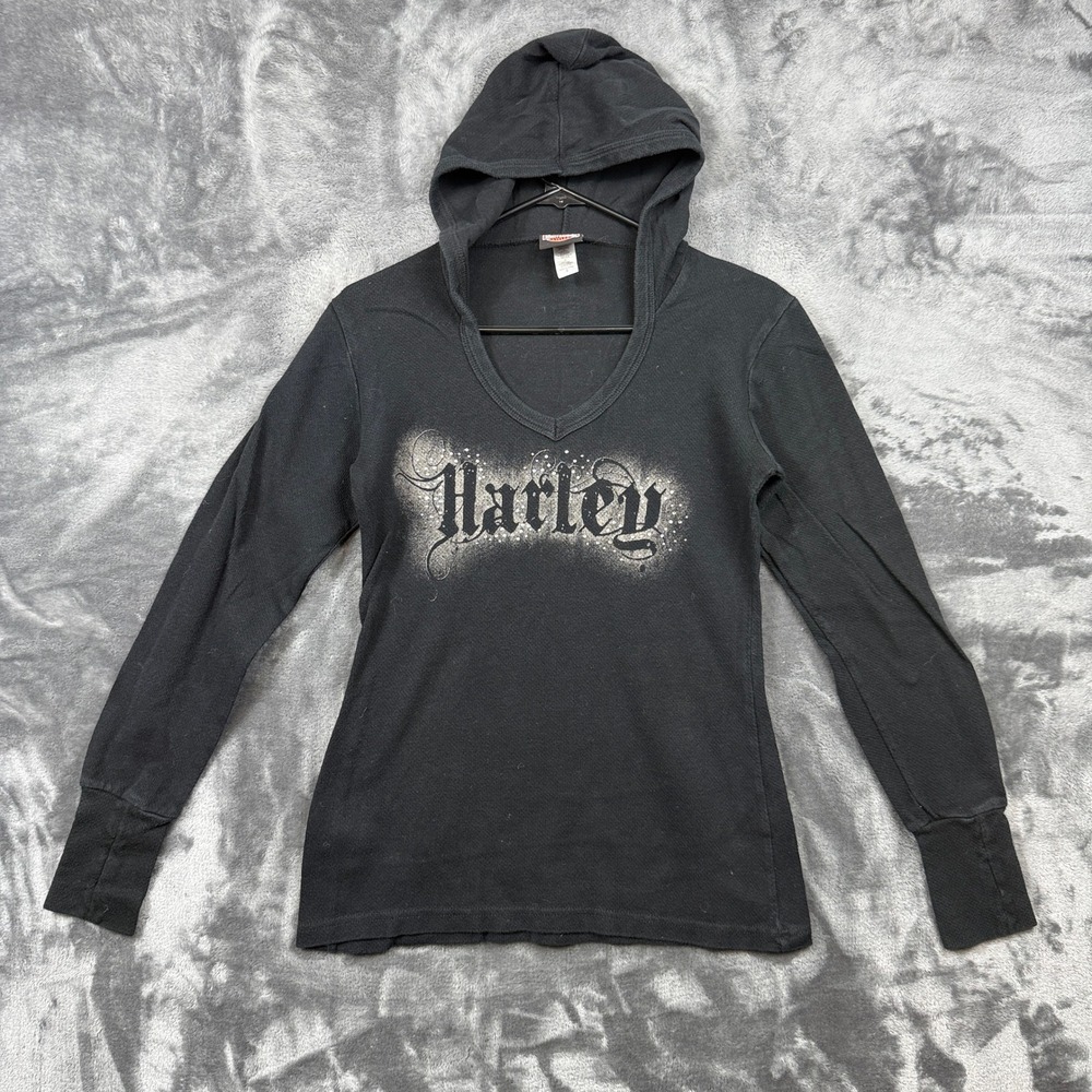 Harley Davidson Hoodie Womens Small Black Long Sleeve V-Neck Waffle Knit Graphic